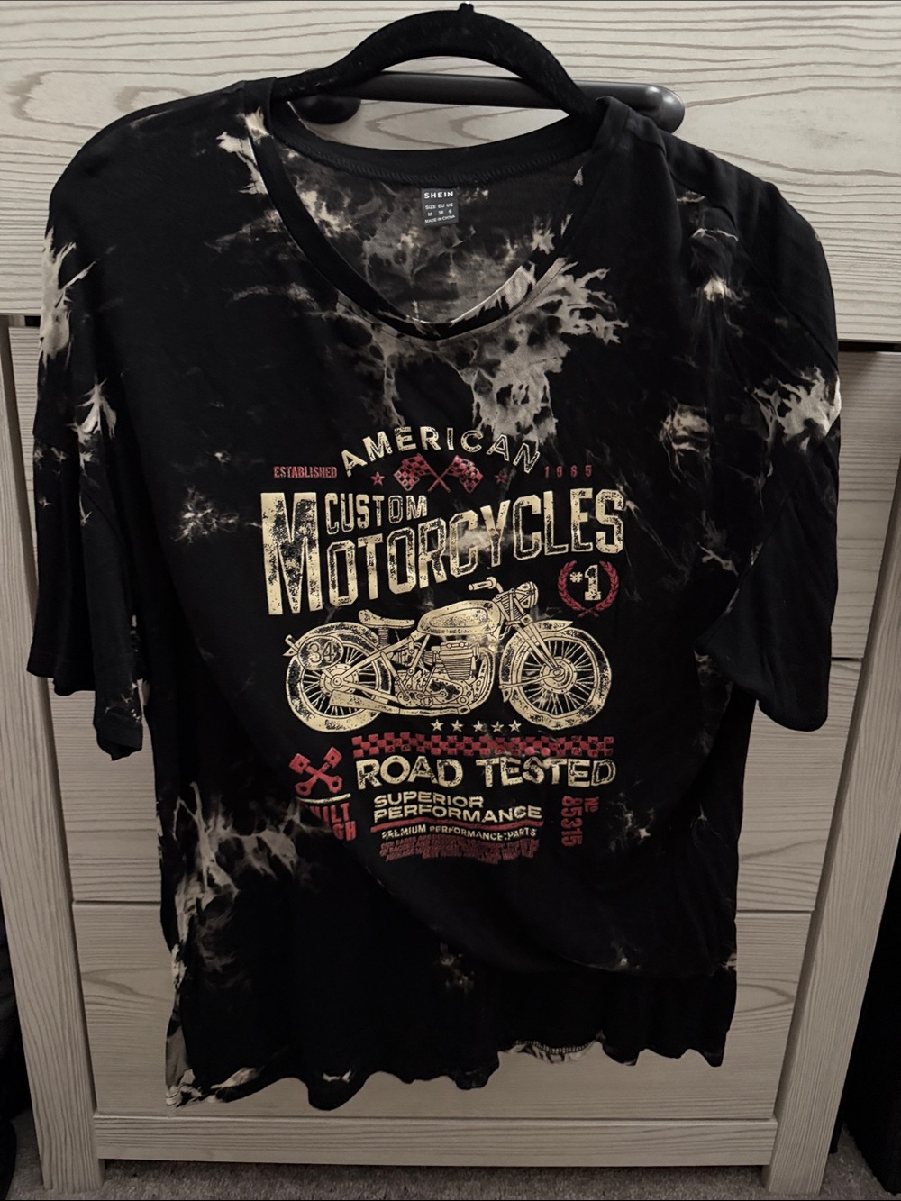 SHEIN Black Tie-Dye Motorcycle Graphic Tee with Cream & Red Print